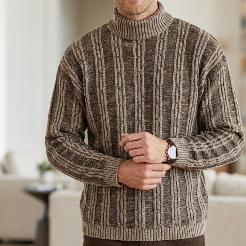 Vintage Koman Sport Mens XXL Brown Tan Vertical Cable Knit Mock Neck Sweater 90s